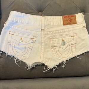 True Religion Cream Jean Shorts with Tan Stitching